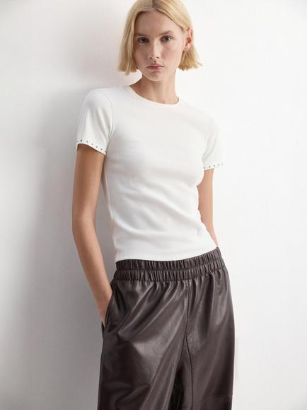 Mango Ribbed Stretch Cotton Blend T-Shirt, White