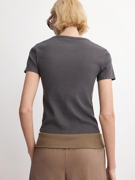 Mango Ribbed Stretch Cotton Blend T-Shirt - view 2, Anthracite