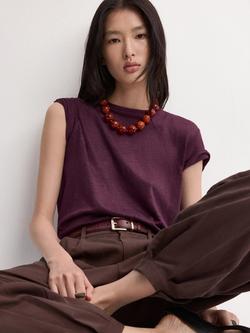 Mango Crew Neck Pure Linen T-Shirt, Wine, Wine