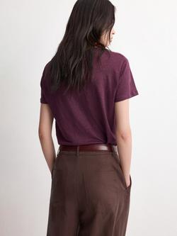 Mango Crew Neck Pure Linen T-Shirt, Wine - view 2, Wine