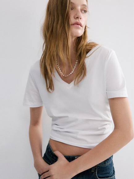 Mango V-Neck Relaxed T-Shirt, White