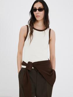 Mango Crochet Trim Round Neck Vest, Beige/Brown, Beige/Brown