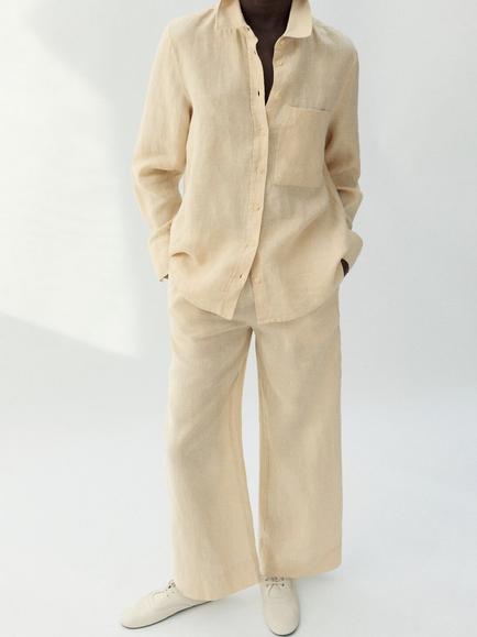 Mango Wide Leg Pure Linen Trousers, Pastel Yellow, Pastel Yellow