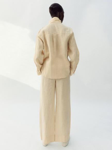 Mango Wide Leg Pure Linen Trousers, Pastel Yellow - view 2, Pastel Yellow