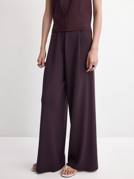 Mango Mid-Rise Wide-Leg Knit Trousers, Bordeaux, Bordeaux