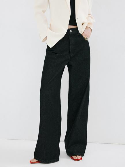 Mango Wide Leg Mid Rise Jeans, Black, Black