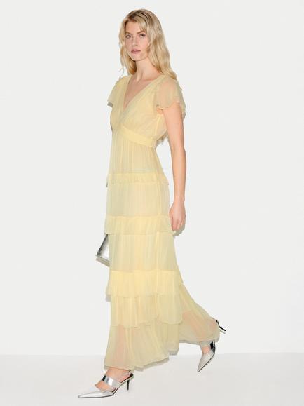 Jigsaw Frill Plisse Maxi Dress, Yellow, Yellow