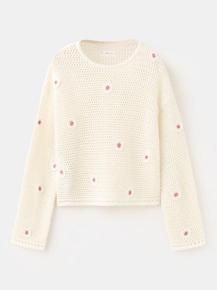 Mango Kids' Knitted Long Sleeve Embroidered Jumper, Raw, Raw