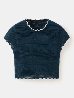 Mango Kids' Knitted Scallop Trim Crop Top, Navy, Navy