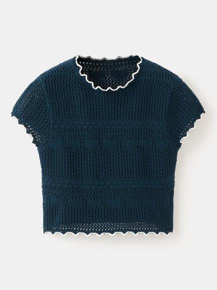 Mango Kids' Knitted Scallop Trim Crop Top, Navy, Navy