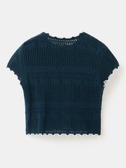 Mango Kids' Knitted Scallop Trim Crop Top, Navy - view 2, Navy