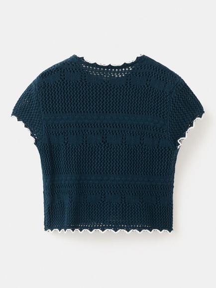 Mango Kids' Knitted Scallop Trim Crop Top, Navy - view 2, Navy