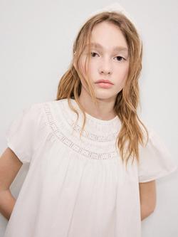 Mango Kids' Short Sleeve Lace Trim Blouse, White, White