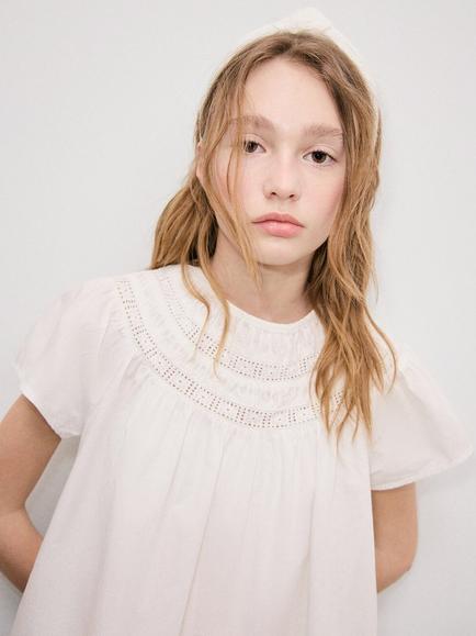 Mango Kids' Short Sleeve Lace Trim Blouse, White, White