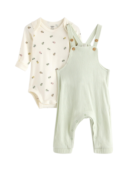 Lindex Baby Bodysuit and Dungarees Set, Light Dusty Green, Light Dusty Green