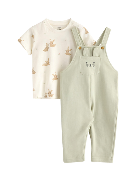 Lindex Baby Bunny Pocket T-Shirt and Dungarees Set, Light Dusty Green, Light Dusty Green