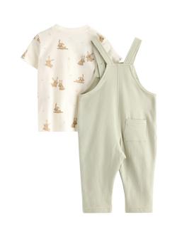Lindex Baby Bunny Pocket T-Shirt and Dungarees Set, Light Dusty Green - view 2, Light Dusty Green