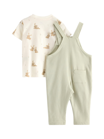 Lindex Baby Bunny Pocket T-Shirt and Dungarees Set, Light Dusty Green - view 2, Light Dusty Green