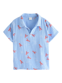 Lindex Kids' Cotton Short Sleeve Lobster Print Shirt, Light Blue, Light Blue