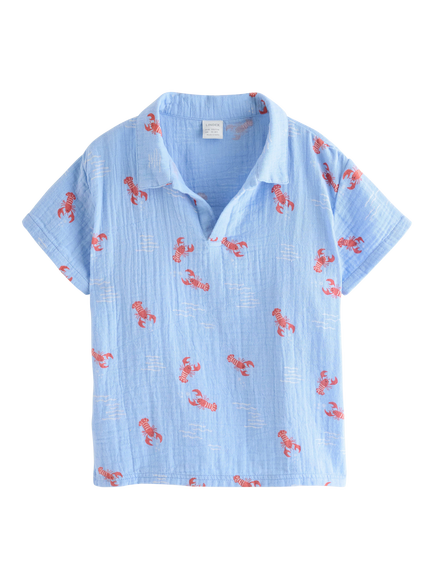 Lindex Kids' Cotton Short Sleeve Lobster Print Shirt, Light Blue, Light Blue
