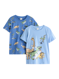 Lindex Kids' Short Sleeve Dinosaur T-Shirt, Pack of 2, Light Blue, Light Blue