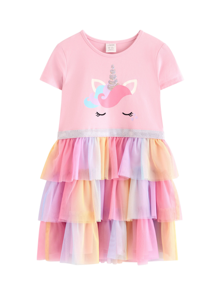 Lindex Kids' Short Sleeve Tulle Unicorn Dress, Light Pink, Light Pink