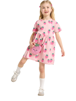 Lindex Kids' Short Sleeve Strawberry Print Dress, Light Pink, Light Pink