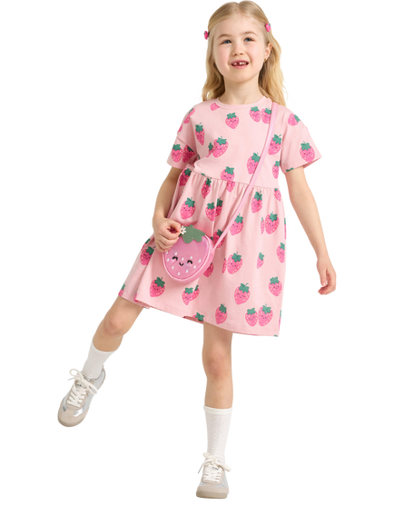 Lindex Kids' Short Sleeve Strawberry Print Dress, Light Pink, Light Pink