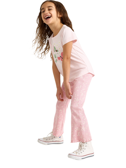 Lindex Kids' Ribbed Floral Print Flare Leggings, Light Pink, Light Pink