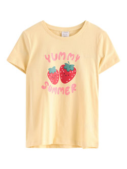 Lindex Kids' Short Sleeve Strawberry Print T-Shirt, Light Dusty Yellow, Light Dusty Yellow