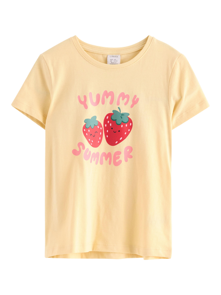 Lindex Kids' Short Sleeve Strawberry Print T-Shirt, Light Dusty Yellow, Light Dusty Yellow