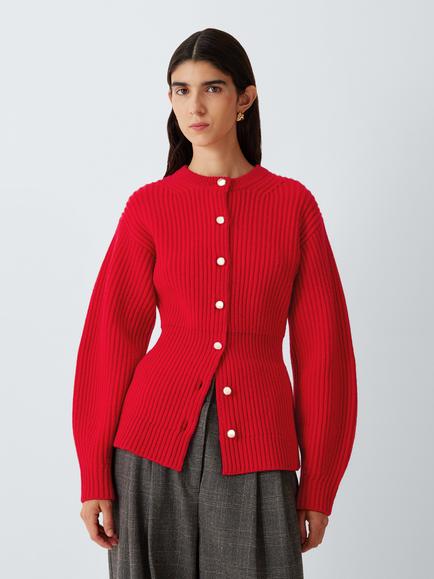 John Lewis Fitted Waist Wool Rich Chunky Knit Cardigan, Red, Red