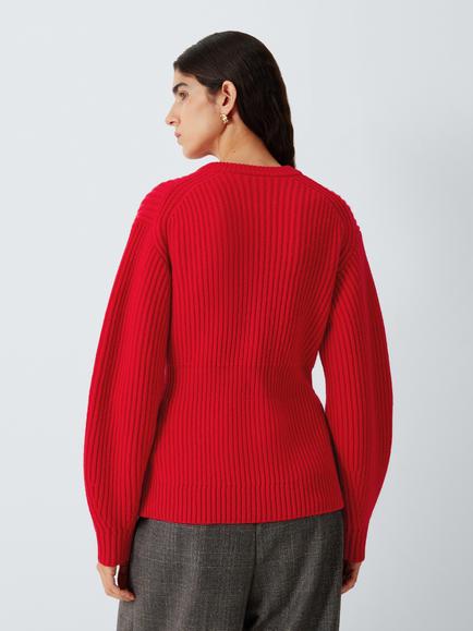 John Lewis Fitted Waist Wool Rich Chunky Knit Cardigan, Red - view 2, Red