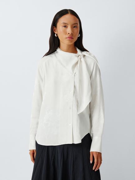 John Lewis Tie Neck Floral Print Blouse, Ecru, Ecru