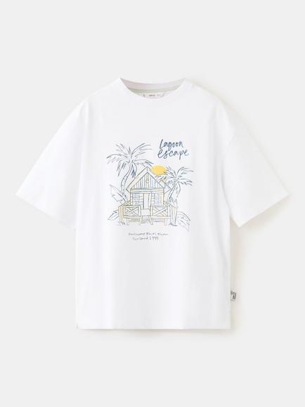 Mango Kids' Cotton Short Sleeve Front Sketch T-Shirt, White, White