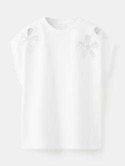 Mango Kids' Short Sleeve Floral Embroidery T-Shirt, Off White, Off White