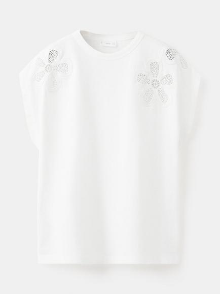 Mango Kids' Short Sleeve Floral Embroidery T-Shirt, Off White, Off White