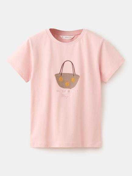 Mango Kids' Short Sleeve Embroidered T-Shirt, Pink, Pink