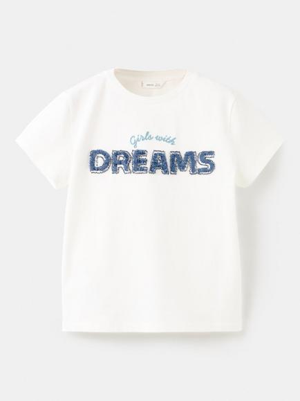 Mango Kids' Short Sleeve Embroidered Slogan T-Shirt, Off White, Off White