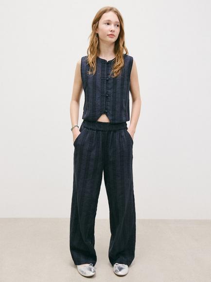 Mango Kids' Embroidered Wide Leg Trousers, Navy, Navy