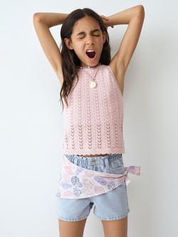 Mango Kids' Sleeveless Open Knit Halter Top, Pale Pink, Pale Pink