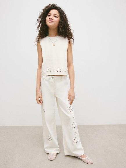 Mango Kids' Relaxed Floral Cut-Out Jeans, Raw, Raw