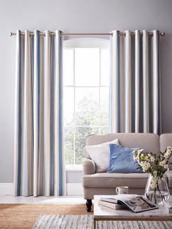Laura Ashley Awning Stripe Pair Blackout Lined Eyelet Curtains, Seaspray, Seaspray
