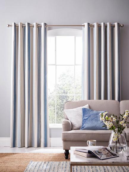 Laura Ashley Awning Stripe Pair Blackout Lined Eyelet Curtains, Seaspray, Seaspray