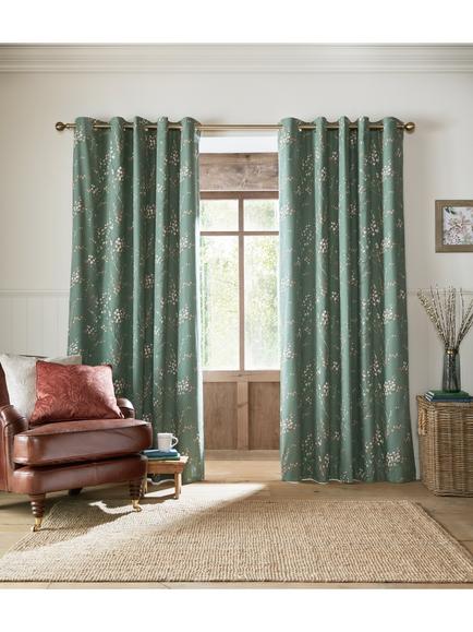 Laura Ashley Pussy Willow Pair Blackout Lined Eyelet Curtains, Fern Green, Fern Green