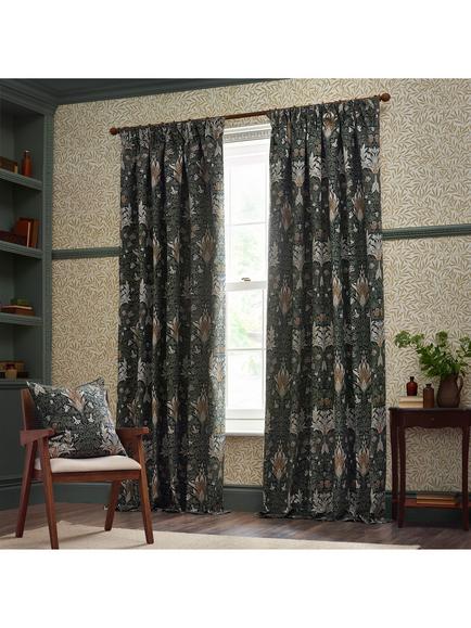 Morris & Co. Snakeshead Lined Pencil Pleat Curtains, Indigo/Leaf, Indigo/Leaf