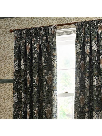 Morris & Co. Snakeshead Lined Pencil Pleat Curtains, Indigo/Leaf - view 2, Indigo/Leaf