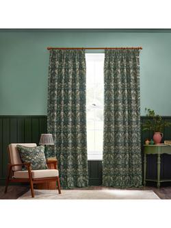 Morris & Co. Strawberry Thief Lined Pencil Pleat Curtains, Forest Green, Forest Green