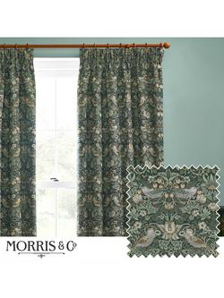 Morris & Co. Strawberry Thief Lined Pencil Pleat Curtains, Forest Green - view 2, Forest Green
