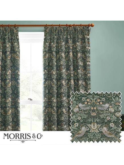 Morris & Co. Strawberry Thief Lined Pencil Pleat Curtains, Forest Green - view 2, Forest Green